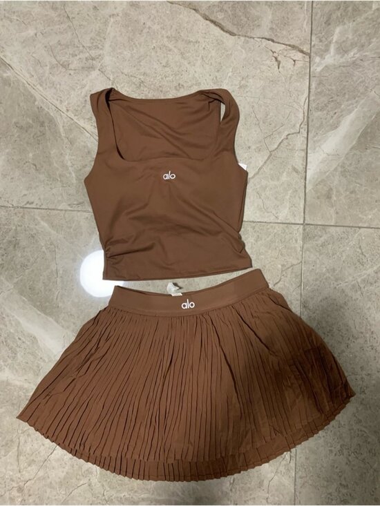 ALO Yoga Dresses & Skirts - ALO Yoga Brown Pleated Skirt Set - Cropped Tank & Pleated Skirt